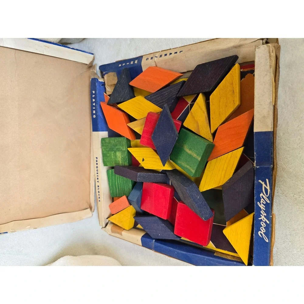 Vintage Playskool Parquetry Blocks Wooden Geometric Shapes Toy Original Box